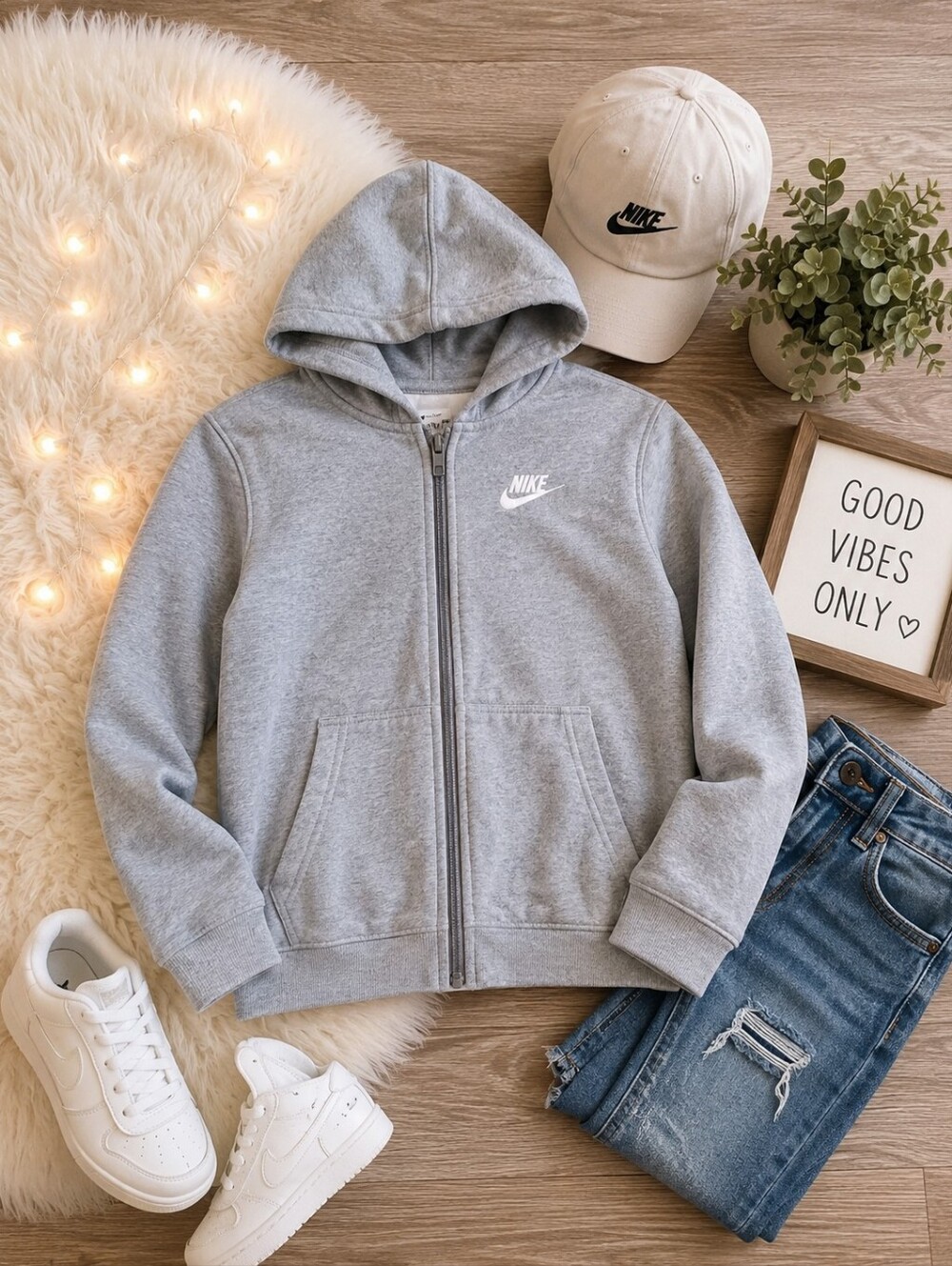 Nike Kids Gray Full Zip-Up Hoodie Boys  Size XL Fleece Lined Swoosh